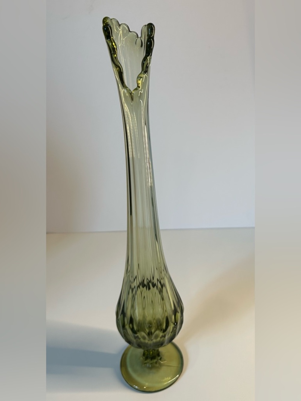 Vintage Fenton Colonial Green Thumbprint Swung Vase 17”